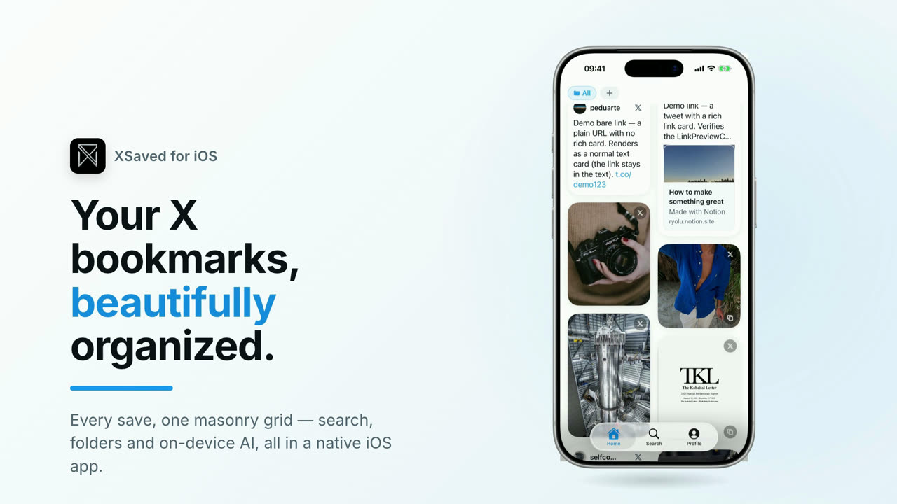 XSaved for iPhone — your X bookmarks, beautifully organized